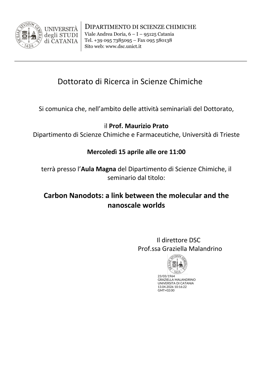 Locandina seminario Prof. Maurizio Prato